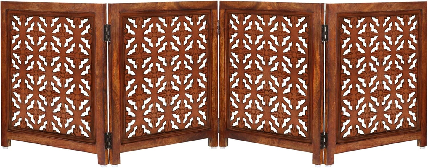Croft&Cane Wooden Foldable Pet Dog Safety Gate – 3 Panel Freestanding Indoor Pet Fence (20 inches W x 24 inches H) – Hand-Carved Solid Wood & MDF – Fully Assembled - Antique Brown