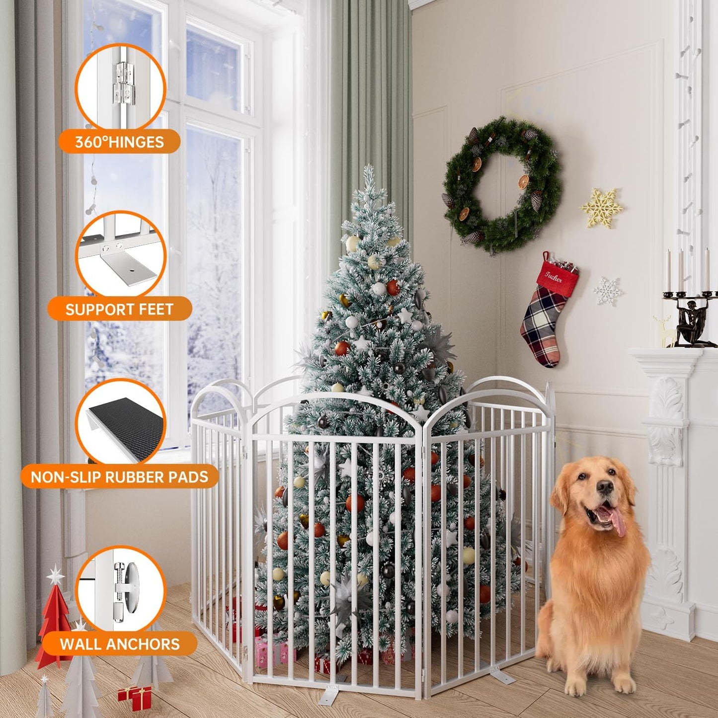 SNUOWU 4 Panels Full Matel Freestanding Dog Gates with Door, 96"Extra Wide 32"Tall Free Standing Dog Pet Gate for Indoor & Outdoor. Foldable Pet Fences for Doorways, House, Stairs, Porch, Deck, Yard