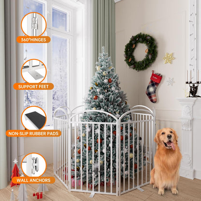 SNUOWU 4 Panels Full Matel Freestanding Dog Gates with Door, 96"Extra Wide 32"Tall Free Standing Dog Pet Gate for Indoor & Outdoor. Foldable Pet Fences for Doorways, House, Stairs, Porch, Deck, Yard