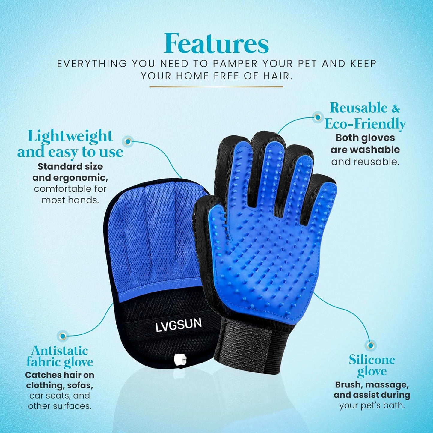 Cat Grooming Gloves for Shedding – Pet Hair Remover Set with Self-Cleaning Mitt – 2 Deshedding Gloves + 1 Reusable Cleaning Mitt for Cats & Dogs – Long & Short Hair Deshedder