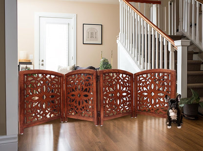 Croft&Cane Wooden Foldable Pet Dog Safety Gate – 3 Panel Freestanding Indoor Pet Fence (20 inches W x 24 inches H) – Hand-Carved Solid Wood & MDF – Fully Assembled - Antique Brown
