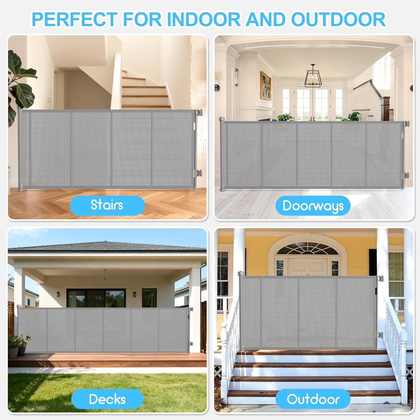 Upgrade 120 inch Retractable Baby Gates, EZIGO Extra Wide Baby Gate for Large Opening Extra Long Mesh Gate for Kids or Pet Dog Gate Child Safety Gate for Stairs Hallways Doorway Indoor Outdoor, Gray