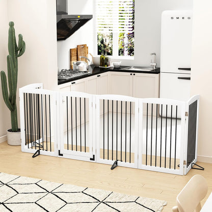 PUPETPO Freestanding Dog Gate with Door, Pet Gate for Stairs, 80 inch Wide Pet Barrier Indoor, Dog Fences Indoor, Support Feet Included, 4 Panels, 24" Tall, Dark Brown