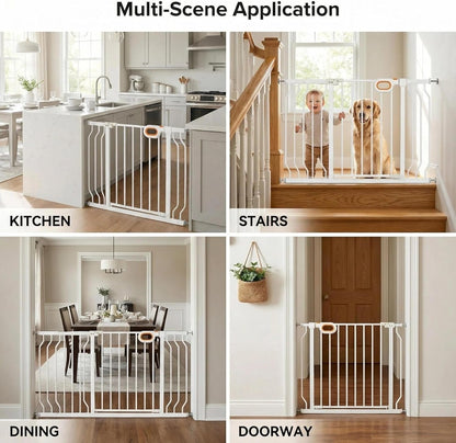 Baby Gates Extra Wide for Large Opennings with Door Pressure Mounted 90.6-95.2 Inch Extra Wide Baby Gate Dog gate for Doorways Indoor Metal Gate No Drilling with Walk-Through Door,White