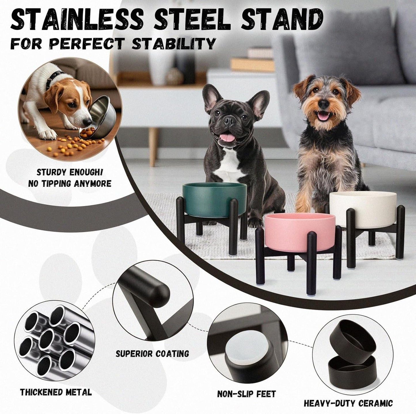 Raised Ceramic Dog Bowl Set - Elevated Double Dishes with Stainless Steel Stand - Food and Water Bowls for Small to Medium Dogs - Each Holds 3.5 Cups (29.57 fl oz) - White