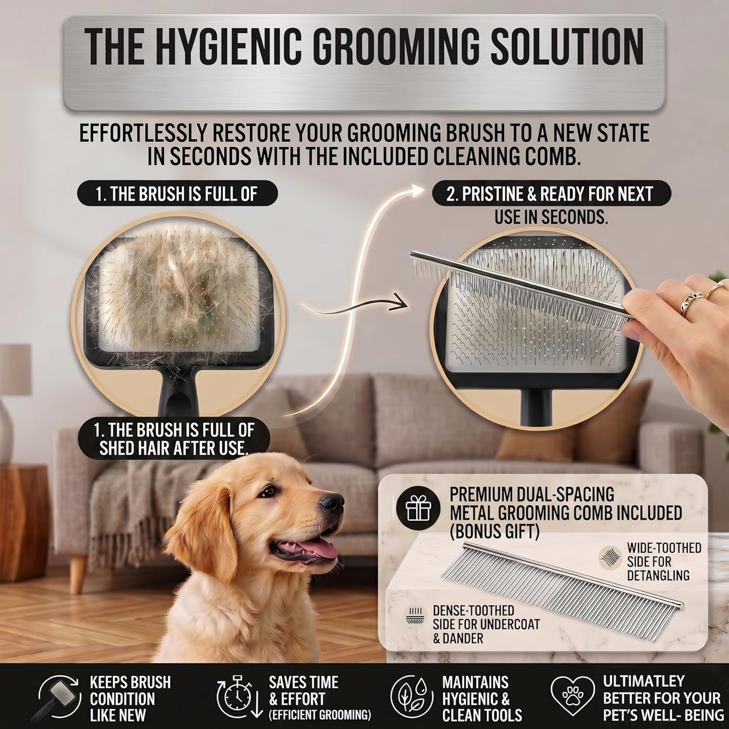 Slicker Brush for Dogs, Large Dog Grooming Brush for Doodles Goldendoodles Poodles Labradoodle Bernedoodles, Long Combs to Wavy & Curly Hair - Wooden Handle 3 Pcs - Nature