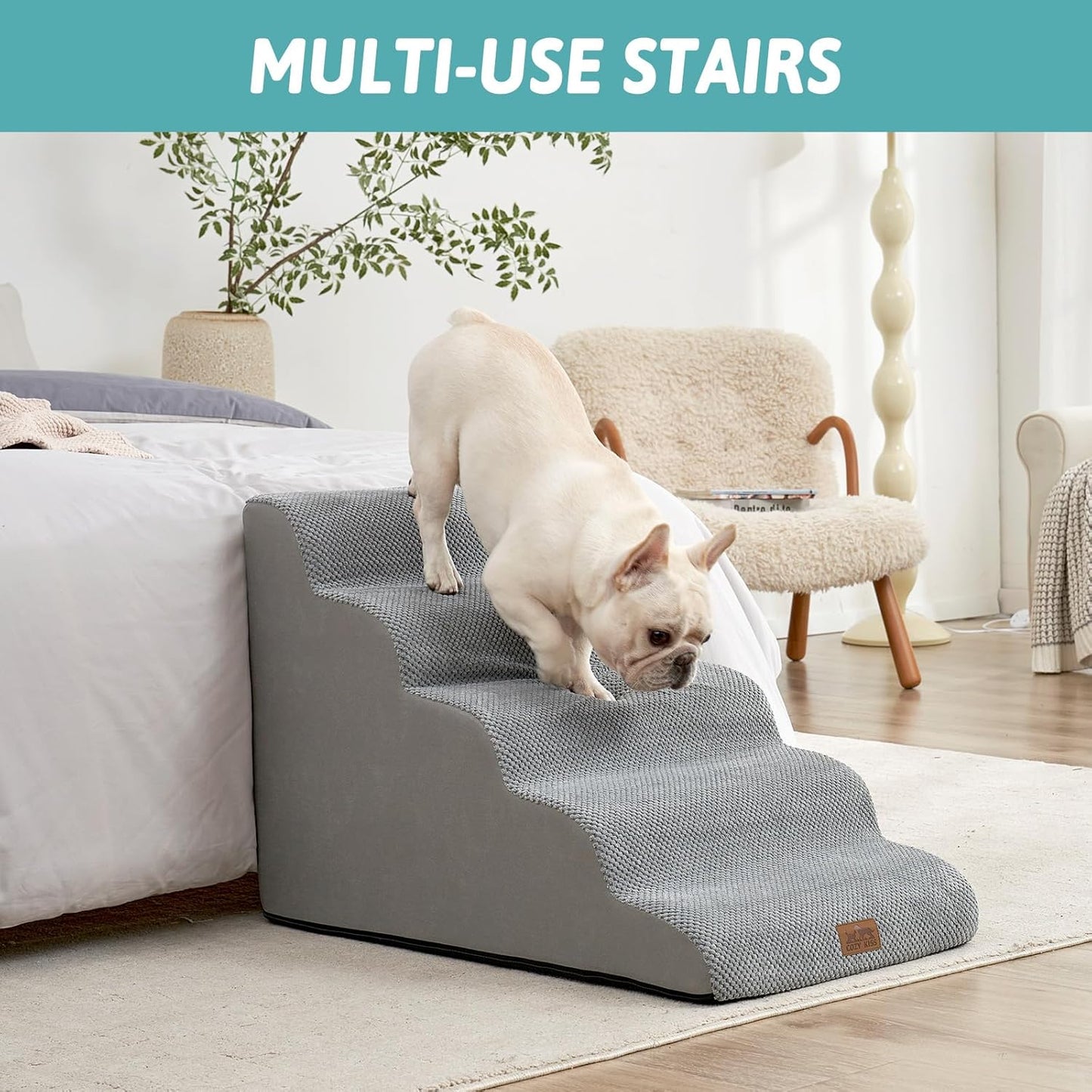 COZY KISS Extra Wide Dog Stairs with Tunnel, Foam Detachable Large Dog Step for Small Pet, Puppy or Cats, Medium Pet Ramp for High Bed, Couch, Sofa or Car, 19.7x33x22.4 inch, 5 Step, Beige