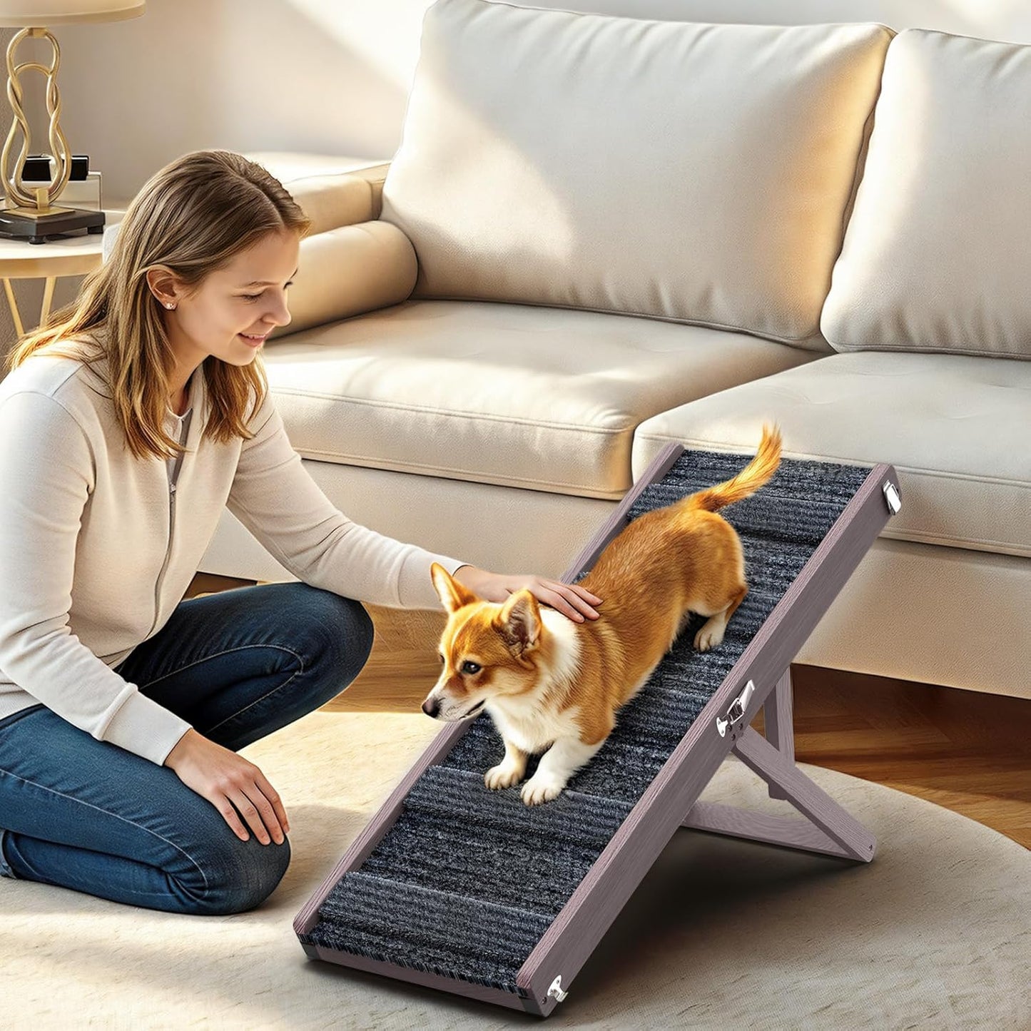 Pawaboo Foldable Dog Ramp, Small Dog Ramp for Couch, 4 Adjustable Height from 13'' to 21", Stable Pet Steps with Non-Slip Pad, Portable Pet Ramps Use for Couch Sofa Stairs, Wood