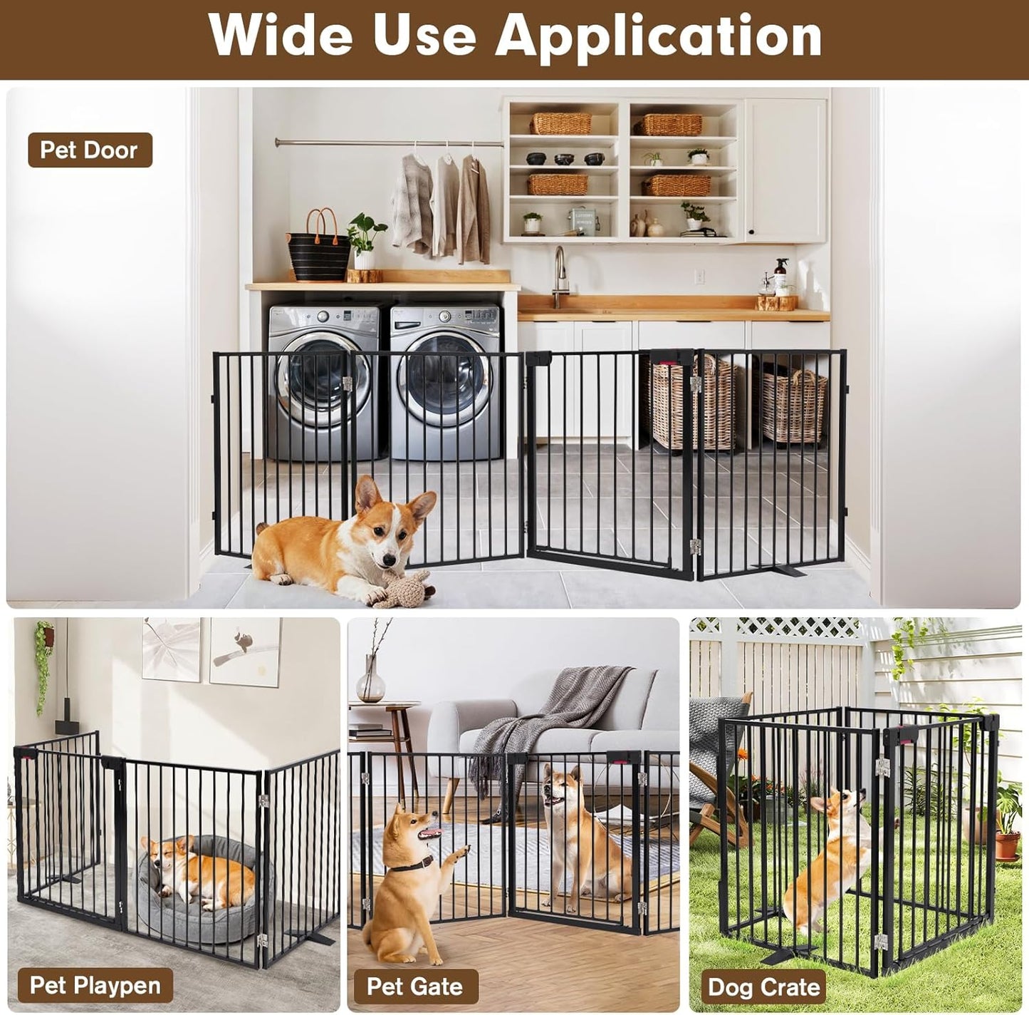 104" Extra Wide Dog Gate, Heavy Duty Metal Freestanding Dog Gate with Door for Indoor & Outdoor, Foldable Pet Fence for Doorways,House,Porch,Deck,Yard,Stairs, Auto Close(4 Panels,Black)