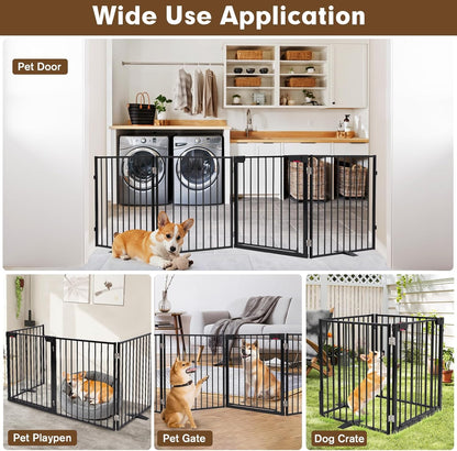 104" Extra Wide Dog Gate, Heavy Duty Metal Freestanding Dog Gate with Door for Indoor & Outdoor, Foldable Pet Fence for Doorways,House,Porch,Deck,Yard,Stairs, Auto Close(4 Panels,Black)
