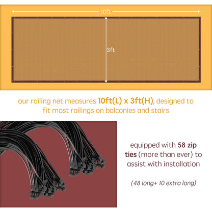 Baby Gates for Stairs with Banister, Guard Safety Net for Baby, 10ft x 3ft Stair Railing Mesh Barrier for Kids, Cats, Dogs, Child Safety Rail Guard - Dark Brown