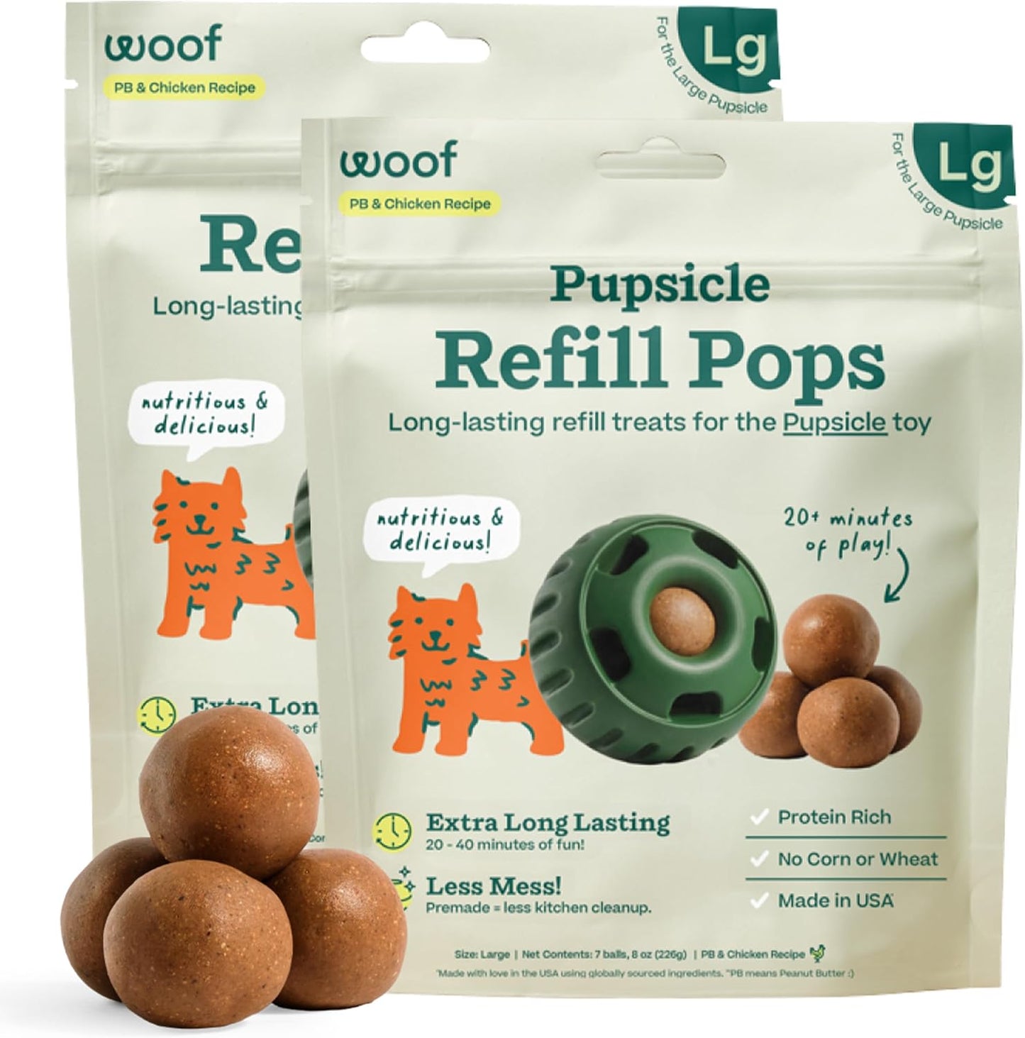 WOOF Pupsicle Refill Pops - Low-Mess Dog Snacks - with Peanut Butter and Beef - Dog Treats - Long Lasting - Large Pops - 7 Count