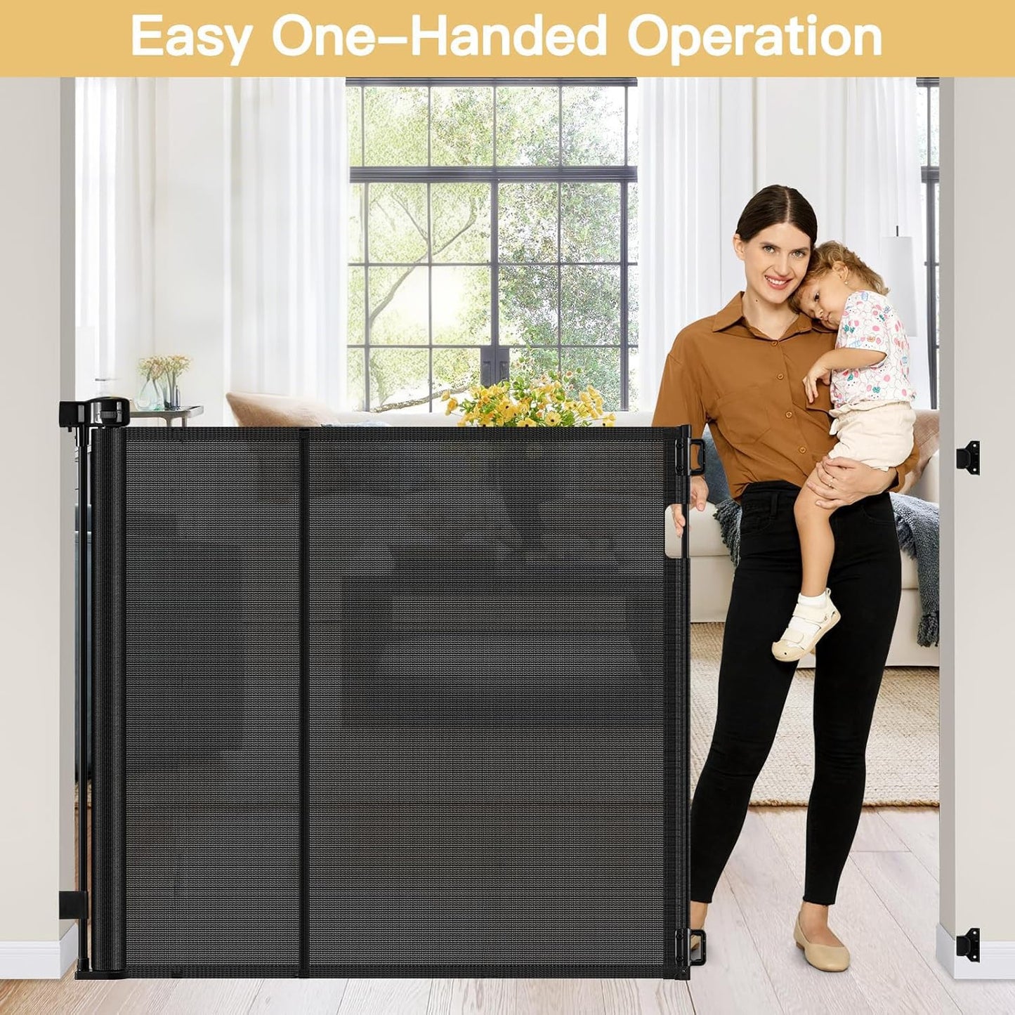 Reinforced 42" Tall Retractable Dog Gate, 155" Extra Long Retractable Baby Gate with Support Rods - Prevent Crawling Under, Indoor/Outdoor Retractable Gate Extra Tall Baby Gate Retractable Fence/Black