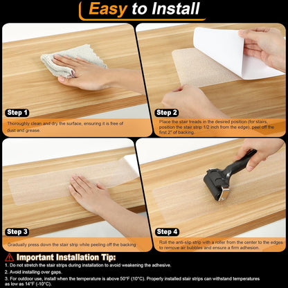 SMILOOL Clear Non-Slip Treads for Wooden Steps Indoor 15 Pack 4" x 24" Pre-Cut Anti-Slip Strips, Transparent Grip Tape for Wood Stairs, Waterproof Step Grips for Dogs, Kids and Pets