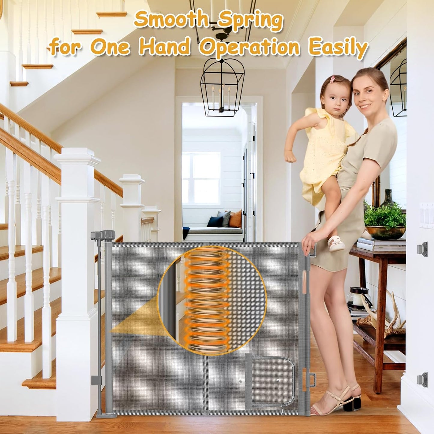 Reinforced 60” Wide Retractable Dog Gate with Cat Door Gates for Pets with Reinforced Strips 33” Tall Mesh Baby Gate Retractable Pet Gates for Dogs Indoor with Door Cats Can in and Out Freely, Gray