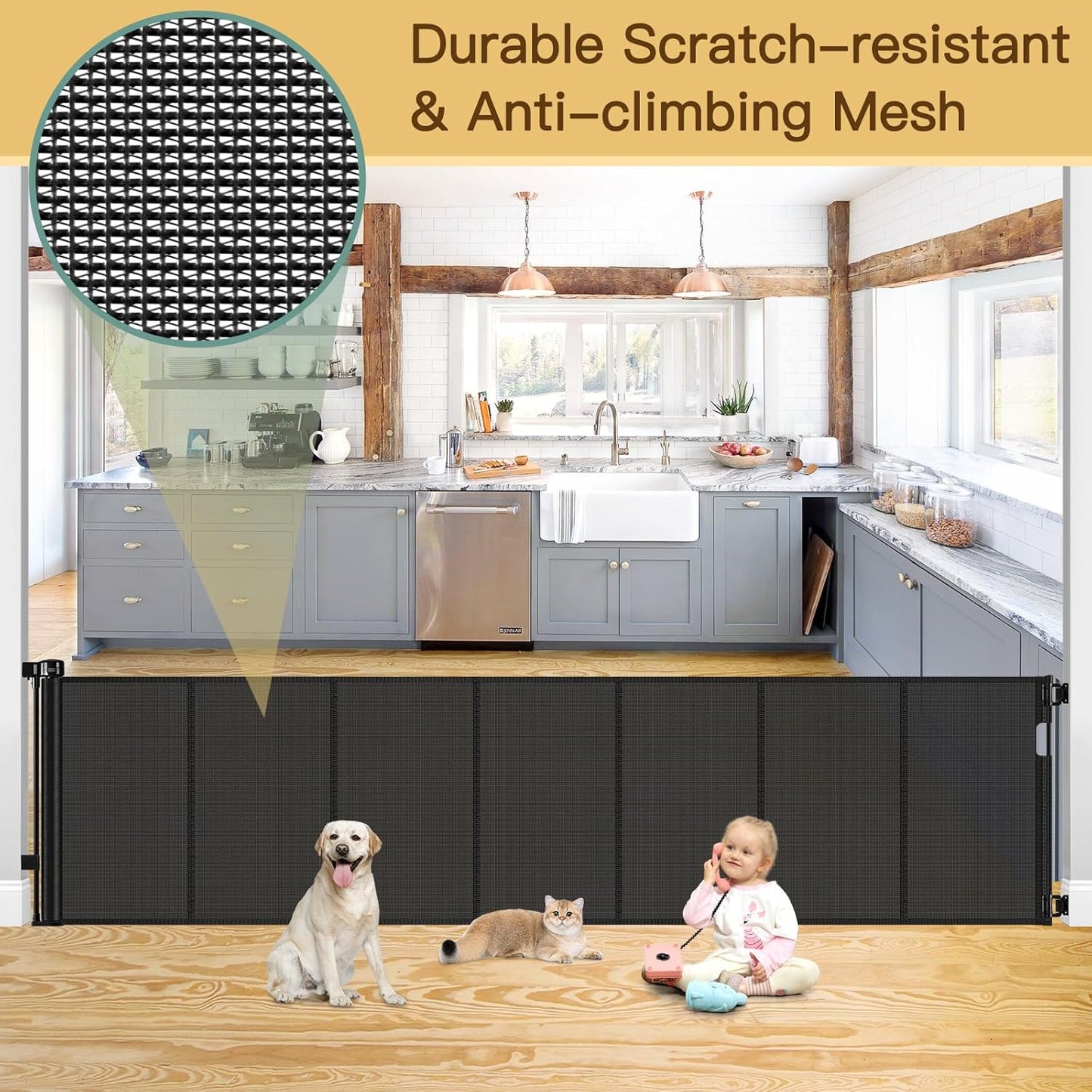 Reinforced 80 Inch Retractable Baby Gate Extra Wide Baby Gate for Wide Openings, Indoor/Outdoor Retractable Dog Gate for Doorway, Mesh Dog Gate Indoor Prevent Babies/Pets from Crawling Under, Black