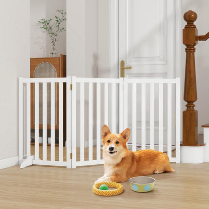 36" Height Extra Tall Freestanding Pet Gate, Solid Wood Folding Safety Fence Wooden Dog Gate with 2 PCs Support Feet Ideal for Stairs, Doorways, Halls, Kitchens, Heavy Duty Gates, 3 Panels, Oak