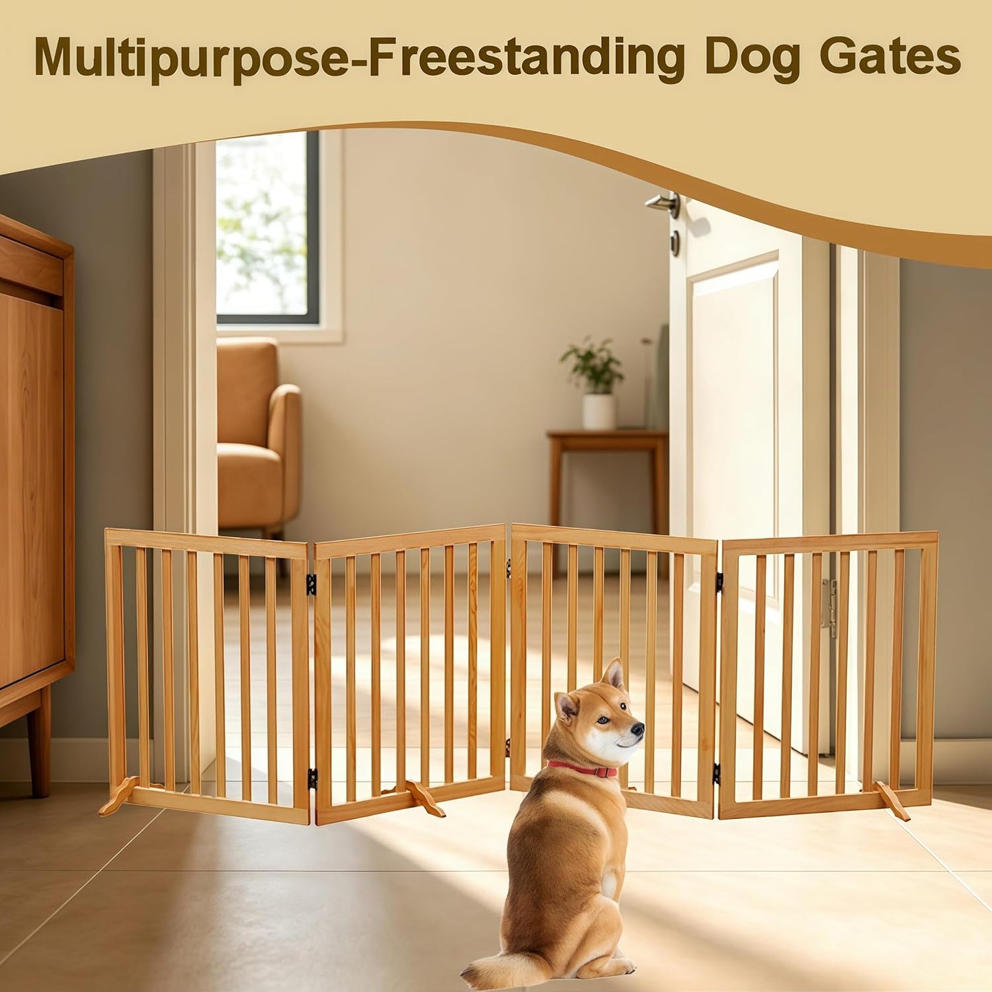Wooden Foldable Dog Gate Freestanding 4 Panels Puppy Safety Fence 80.9" W x 23.6" H Indoor Pet Barrier for Stairs Hallways Doorways Brown