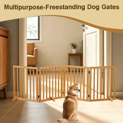 Wooden Foldable Dog Gate Freestanding 4 Panels Puppy Safety Fence 80.9" W x 23.6" H Indoor Pet Barrier for Stairs Hallways Doorways Brown