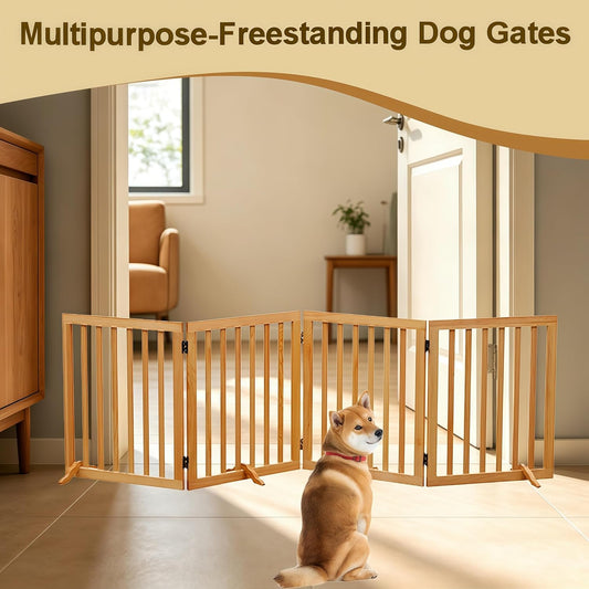 Wooden Foldable Dog Gate Freestanding 4 Panels Puppy Safety Fence 80.9" W x 23.6" H Indoor Pet Barrier for Stairs Hallways Doorways Brown