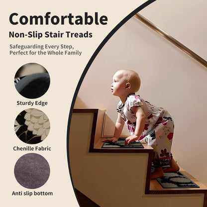 Non-Slip Stair Treads for Wooden Steps 15pcs,8"x30" Stair Carpet Treads for Indoor Use,Peel and Stick Stair Runners,Washable Reusable Adhesive Backing,Pet-Friendly Stair Capet for Kids,Elders,Dogs
