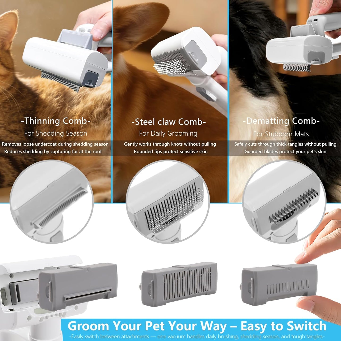 Deshedding Brush with Vacuum Suction, 5-in-1 Pet Hair Removal Tool for Dogs Cats, Cordless Undercoat Rake Removes Loose Hair, 9Kpa Pet Vacuum Cleaner for Furniture Carpet, Washable
