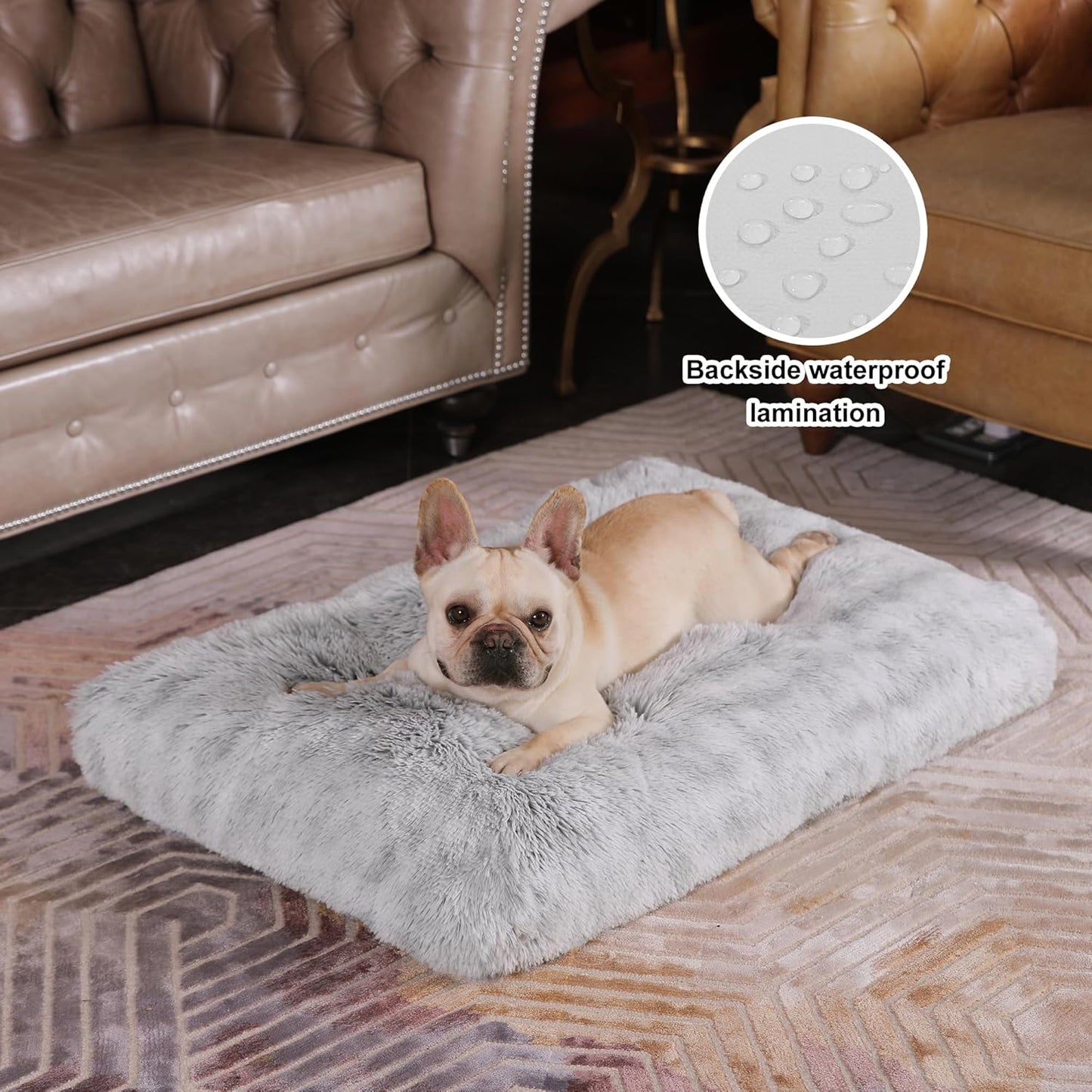 Bedfolks Waterproof Dog Crate Bed, Plush With Removable Washable Cover, Faux Fur Crate Pad for Medium Dogs, Fluffy Kennel 29"x21", Dark Grey