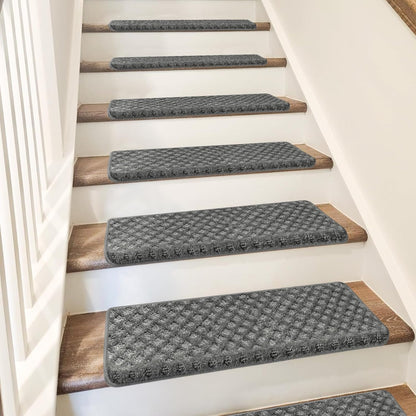 PURE ERA Bullnose Carpet Stair Treads Set Tape Free Non-Slip Indoor Stair Protectors Pet Friendly Rugs Covers Soft Skid Resistant Washable Reusable 9.5" x 30"(14 Pieces,Cream Gray)
