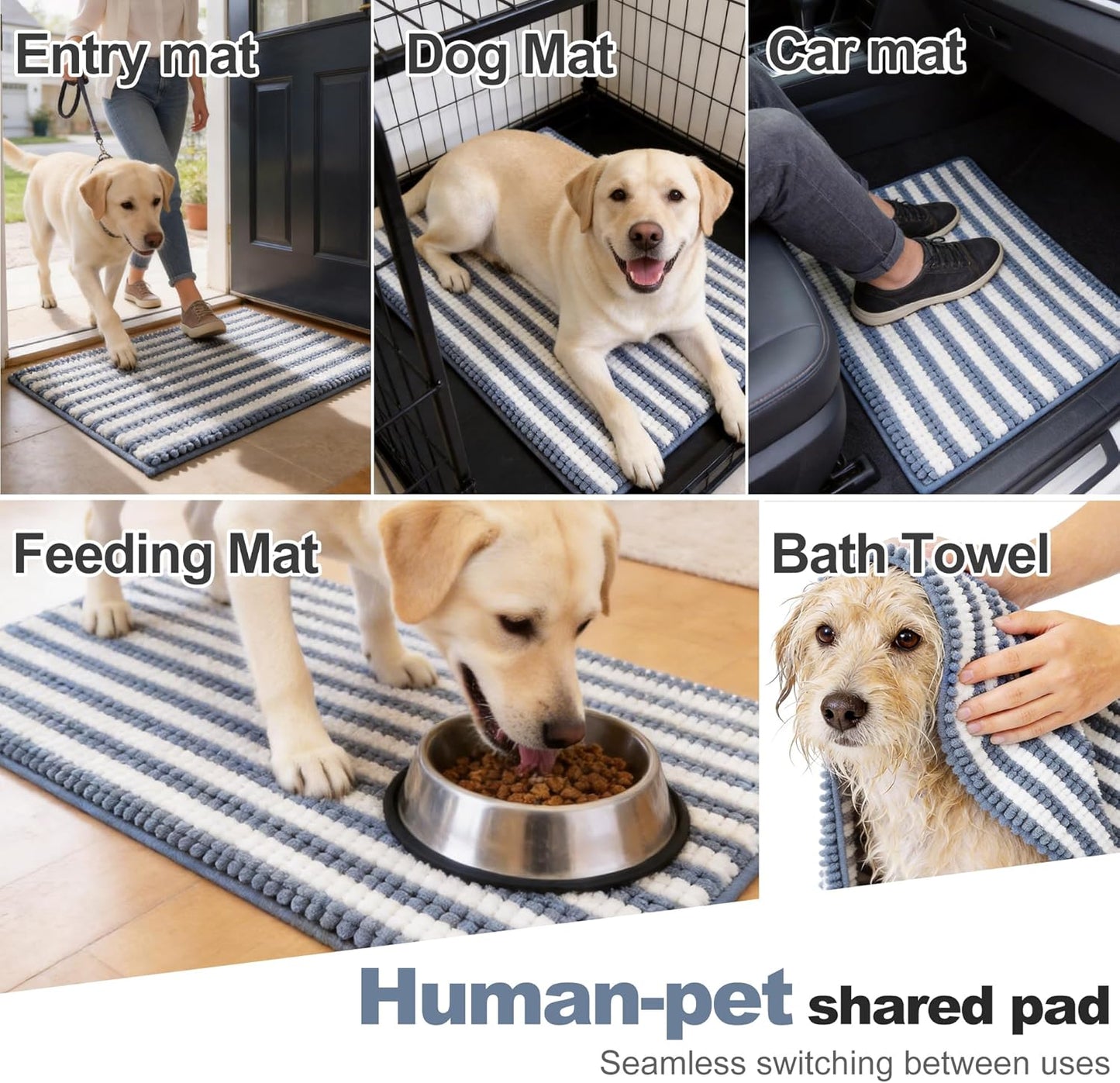 pobopobo Dog Door Mat for Muddy Paws - Absorbent & Washable Chenille Rug, Non-Slip Dirt Trapper for Indoor Outdoor Entryway, Quick Dry Pet Mat for Muddy Dogs (Striped Gray-Blue&White, 24" x 16")