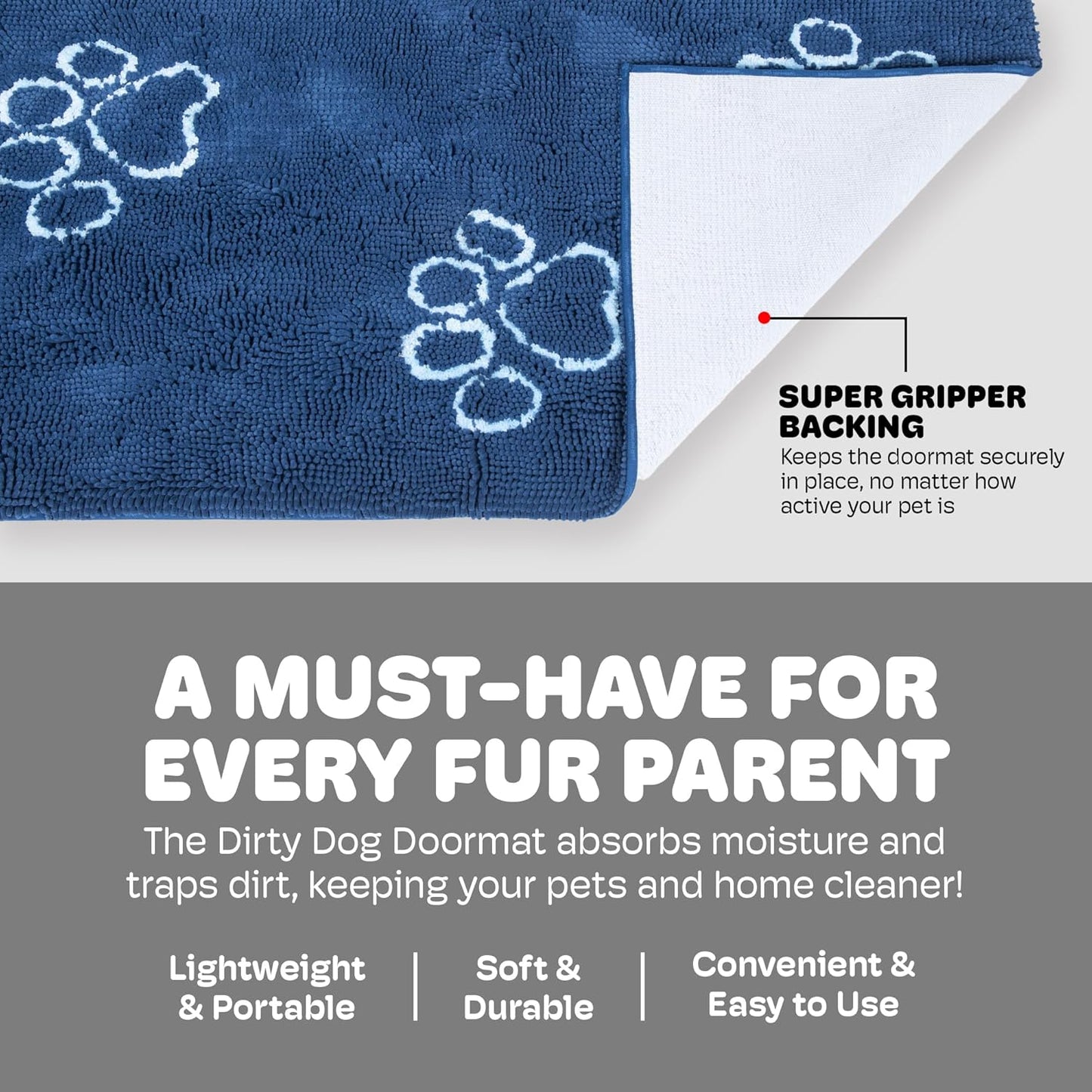 Dog Gone Smart Dirty Dog Doormat - Fast Drying Rug with Super Gripper Backing for Clean Floors - Super Absorbent and Machine Washable Mat for Muddy Paws - Grey