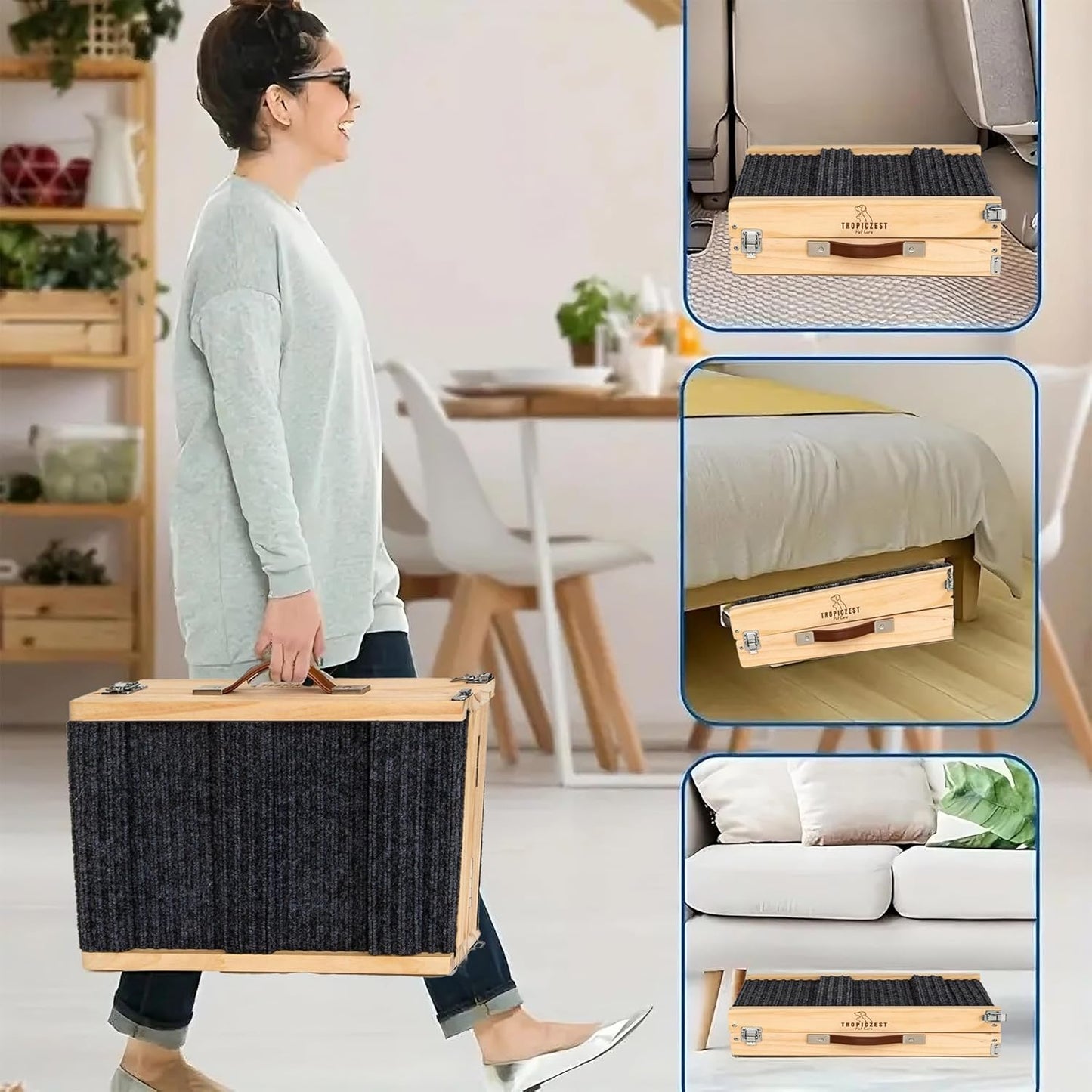 Small Dog Ramp for Bed and Couch Wooden Adjustable Pet Stairs for Dogs and Cats 31.6" Non Slip Foldable Ramp with 4 Height Settings 10"-17" for Puppies,Car, SUV Indoor Outdoor Use