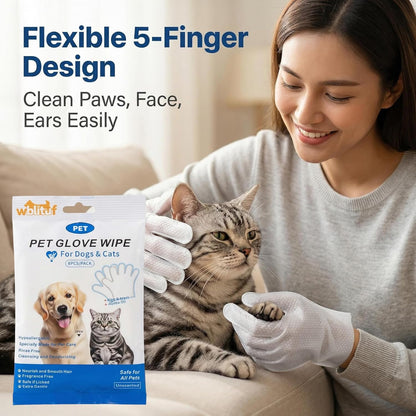 Pet Cleaning Gloves (6 Count) | Extra Thick Disposable Grooming Gloves with Aloe & Jojoba Oil, Waterless No-Rinse Odor Control, Lick-Safe Five-Finger Design for Cats & Dogs