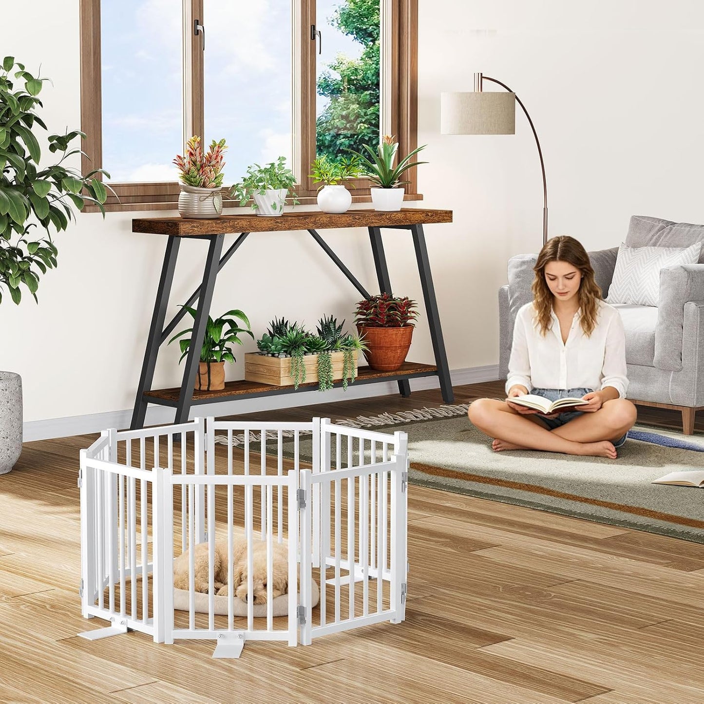 Snughome Short Dog Gate Indoor, 16" High Freestanding Small Dog Door Gates with Support Feet, Expands Up to 48’’ Wide Foldable Pet Gate for Doorway, 4 Panel Folding Pet Door Pet Fence for Puppy, White