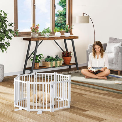 Snughome Short Dog Gate Indoor, 16" High Freestanding Small Dog Door Gates with Support Feet, Expands Up to 48’’ Wide Foldable Pet Gate for Doorway, 4 Panel Folding Pet Door Pet Fence for Puppy, White