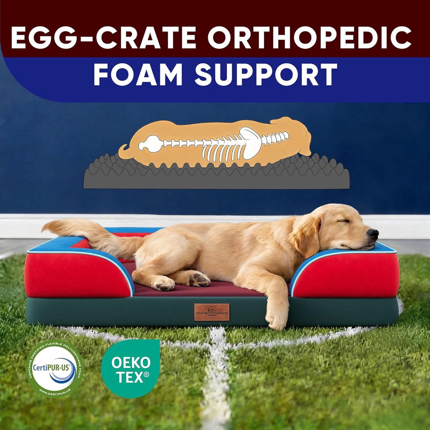 Comfort Expression Orthopedic Dog Bed for Extra Large Dogs 42x30 Inch, Waterproof Egg Crate Foam XL Pet Bed with Removable Bolsters, Dog Couch with Washable Cover & Non-Slip Bottom, Grey - Colors B