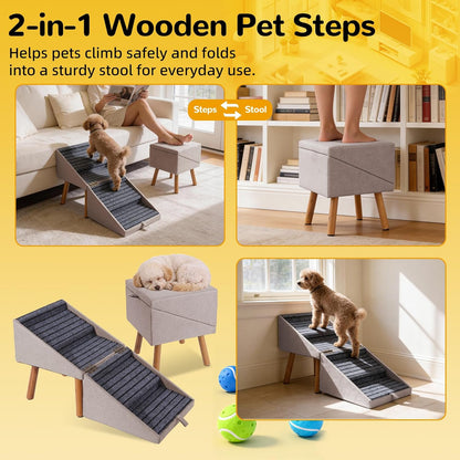 17.13" H Dog Stairs for Small Dogs, 2-in-1 Pet Steps & Ottoman - Foldable Dog Stairs for Couch, Non-Slip Wooden Pet Stairs for Puppy Senior Injured Dogs