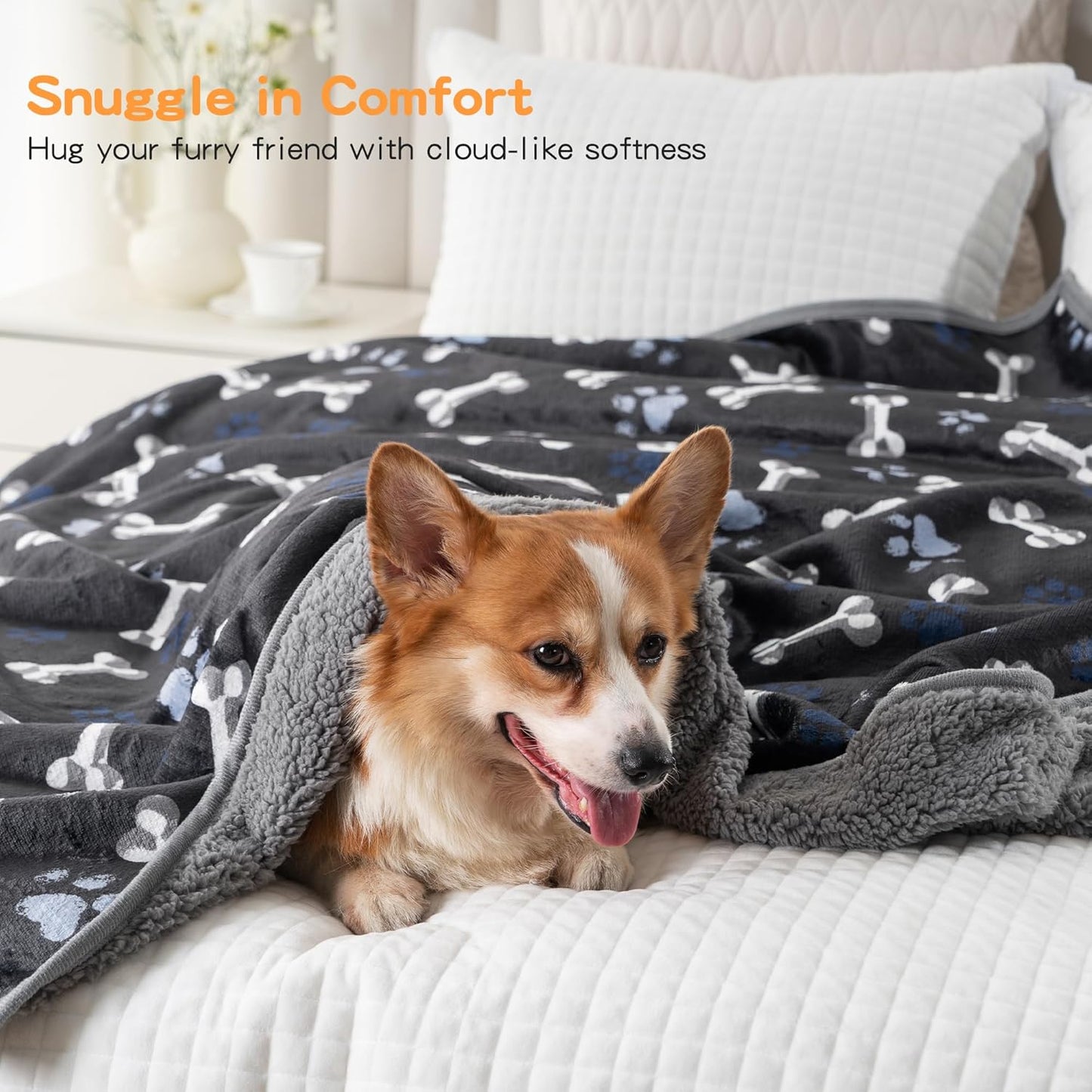 Waterproof Dog Blankets Pet Blanket 50"x60", Soft Fluffy Sofa Car Bed Protector, Reversible Sherpa Fleece Dog Blanket for Large Dogs (Dark Grey-Paws)