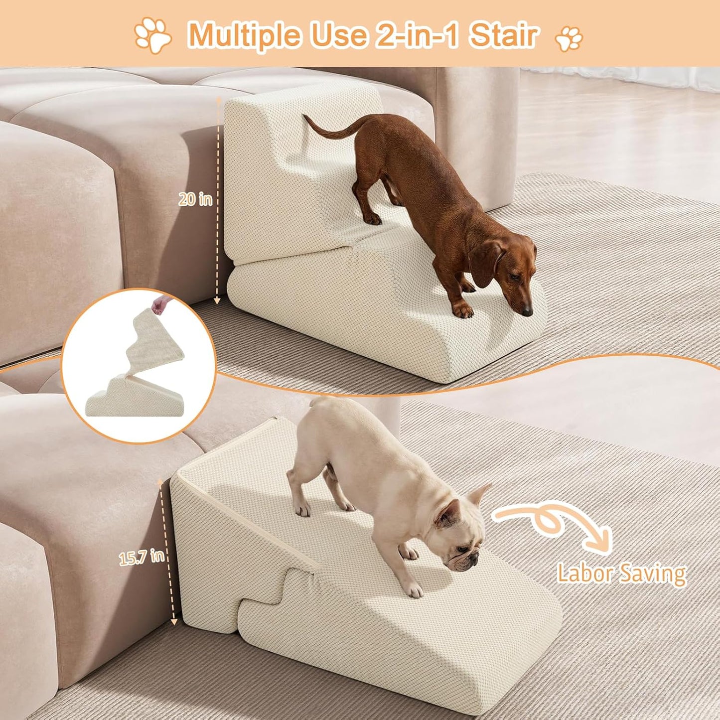 Dog Ramp for Bed, 23" H Dog Stairs for High Bed, 2 in 1 Pet Steps for Small Dogs, 5-Step Foldable Transformable Large Cats Ramp to Get on Couch, Non-Slip Balanced, Grey