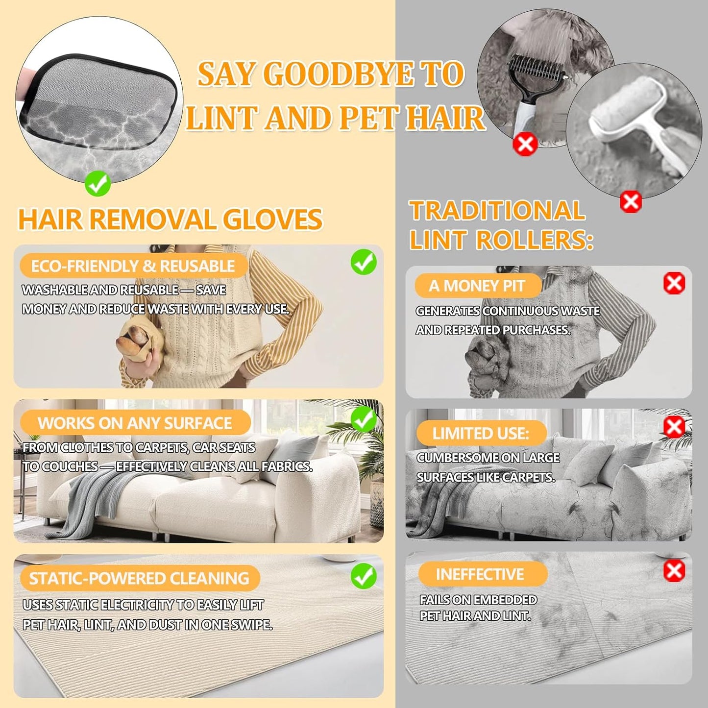 Upgraded Electrostatic Pet Hair Removal Glove for Cats & Dogs - Thickened Reusable & Washable Magic Brush, Pet Hair Remover Glove Tool for Clothes, Couch, Carpet, Furniture & Car Seat