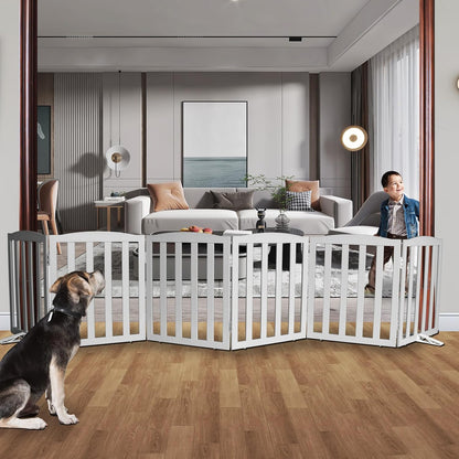 Freestanding Dog Gate Indoor,Doggie Gate Foldable Dog Gates for Doorways,Stairs or Hallways, Wooden White Pet Gate for the House, Pet Fence with Support Feet Included,24 "Height-4 Panels