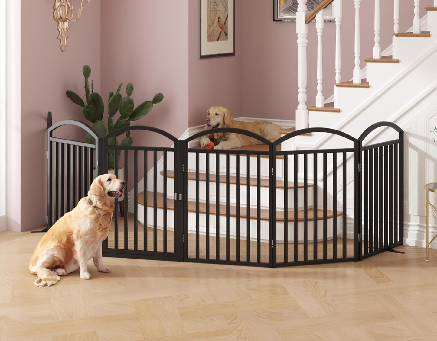 Folding No-Assembly Freestanding Dog Gate with Door,32" Heights Foldable Pet Fence,144" Extra Wide Accordion Puppy Folding Playpen for Doorways,House,Stairs (6 Panels,White)
