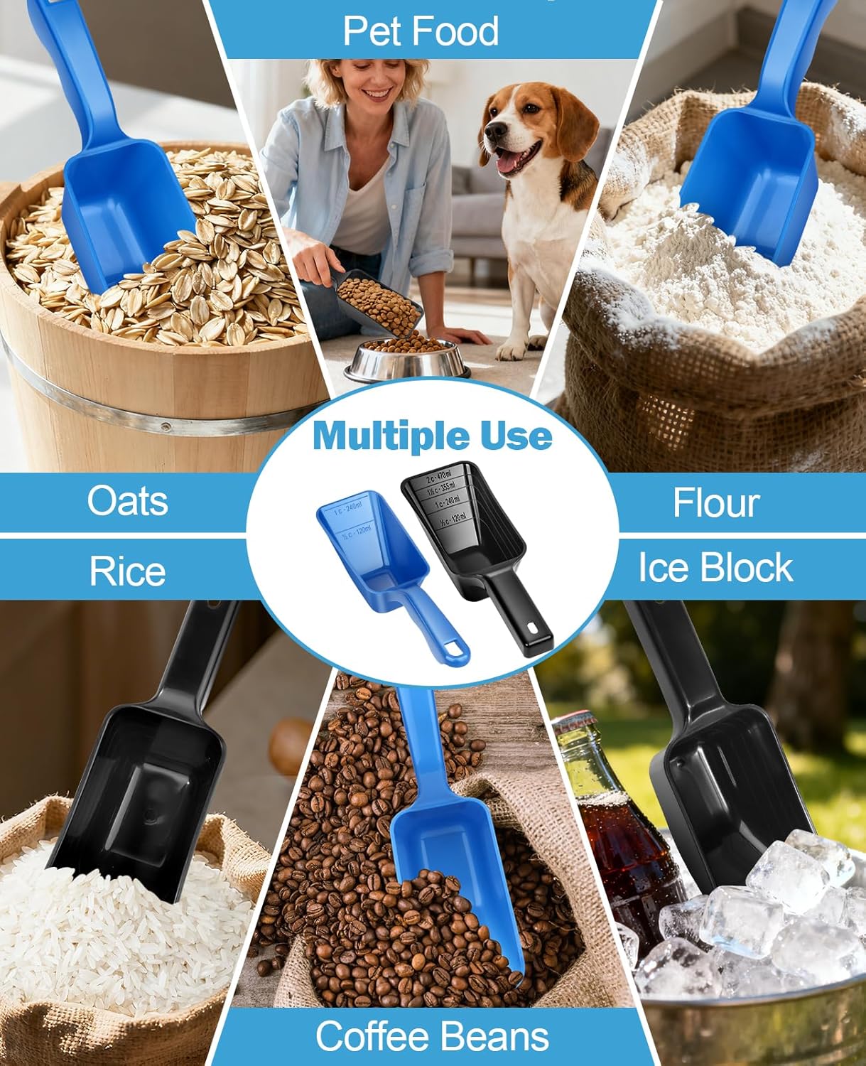 2-Pack Dog Food Scoop Set,1 Cup and 2 Cup Plastic Pet Food Measuring Scoops with Clear Measurement Lines,Multi-Purpose Pet Food Scooper for Dogs, Cats (Green and Black)