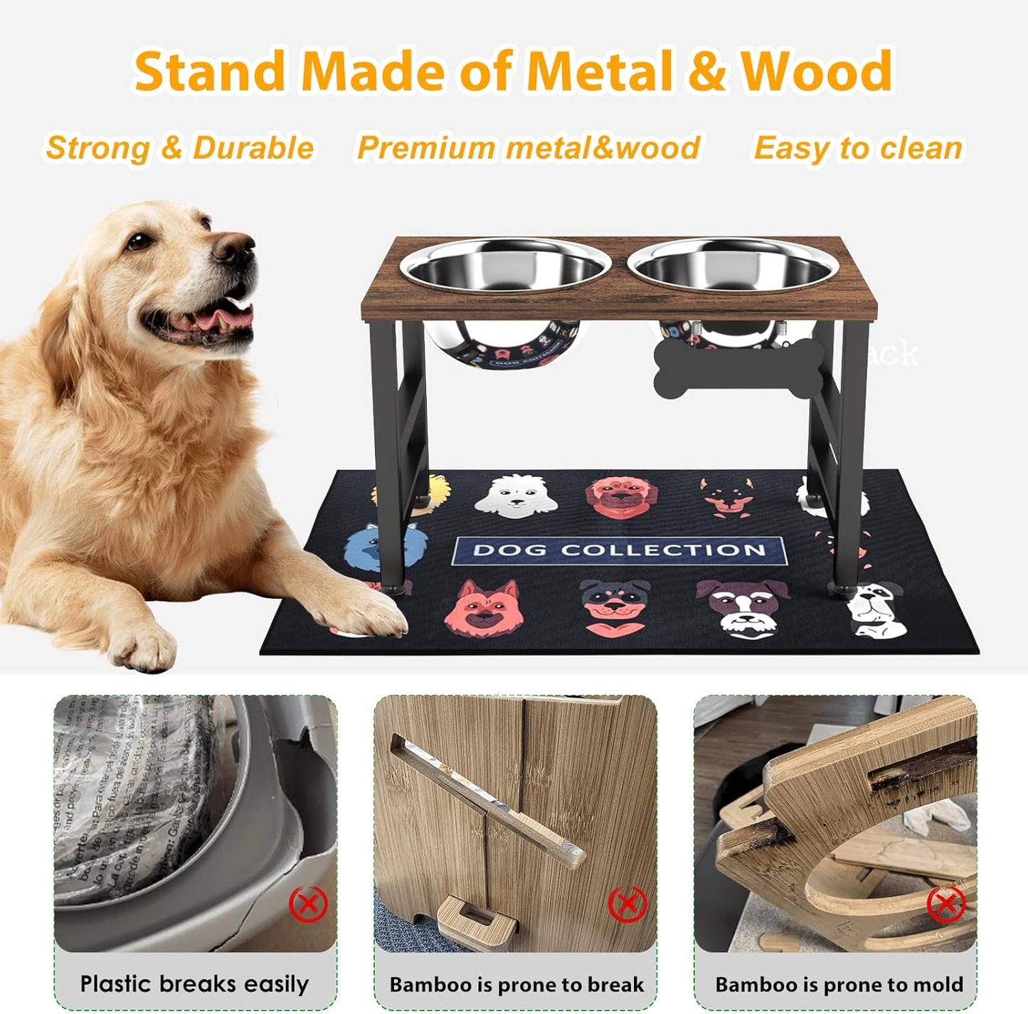 ADENGL Metal Raised Dog Bowl, 10" Tall Elevate Dog Feeder Stand with 2 Stainless Steel 42oz Bowls & 16x24 Non-Slip Mat – Stronger Dogs Food & Water Bowl Stand (Black)