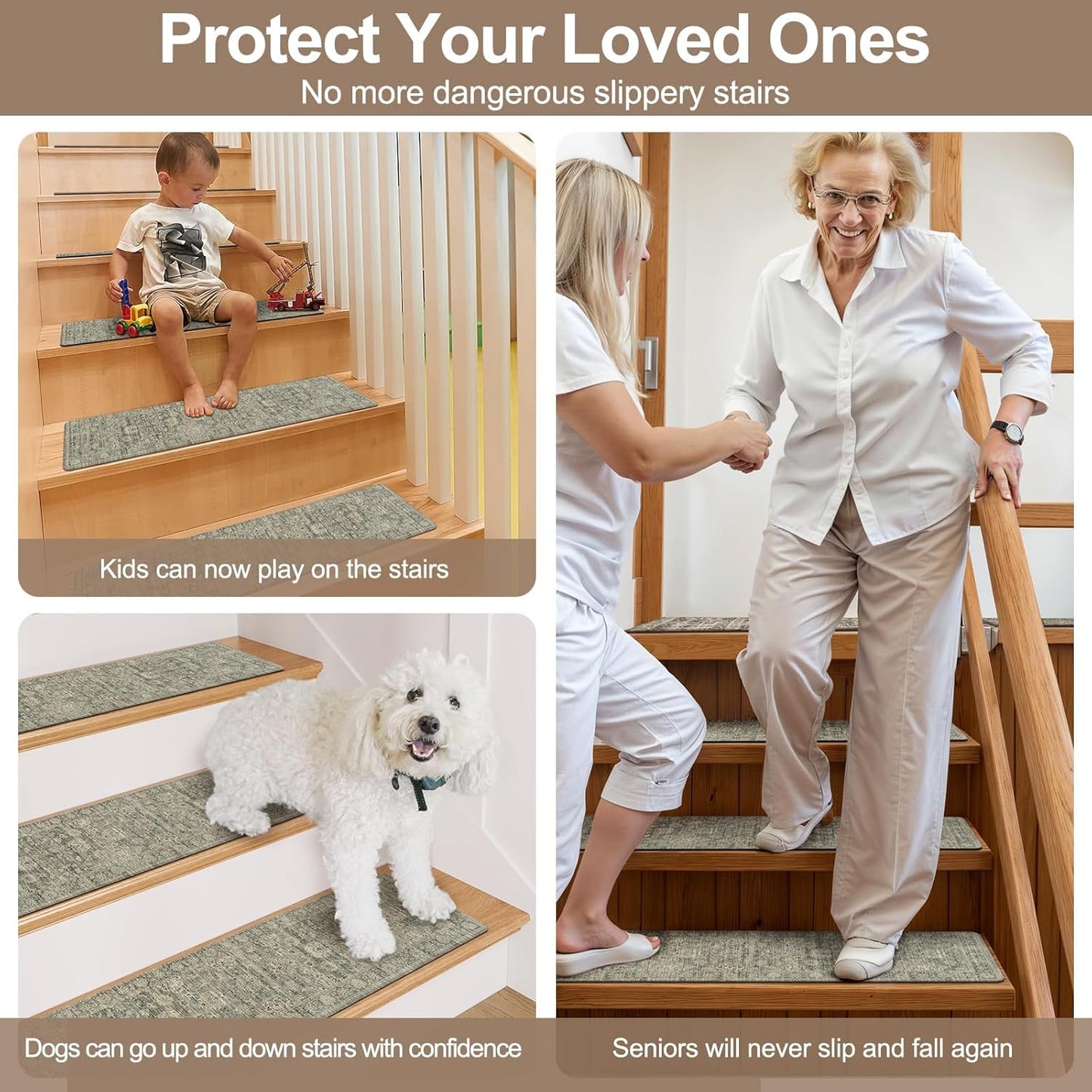 OJIA Extra Non-Slip Stair Treads for Wooden Steps 15PCS, 30"X8" Rubber Indoor Stair Runner Slip Resistant Stair Rugs Safety Mats for Dogs, Kids & Elders, Stairway Grip Step Treads, Gray