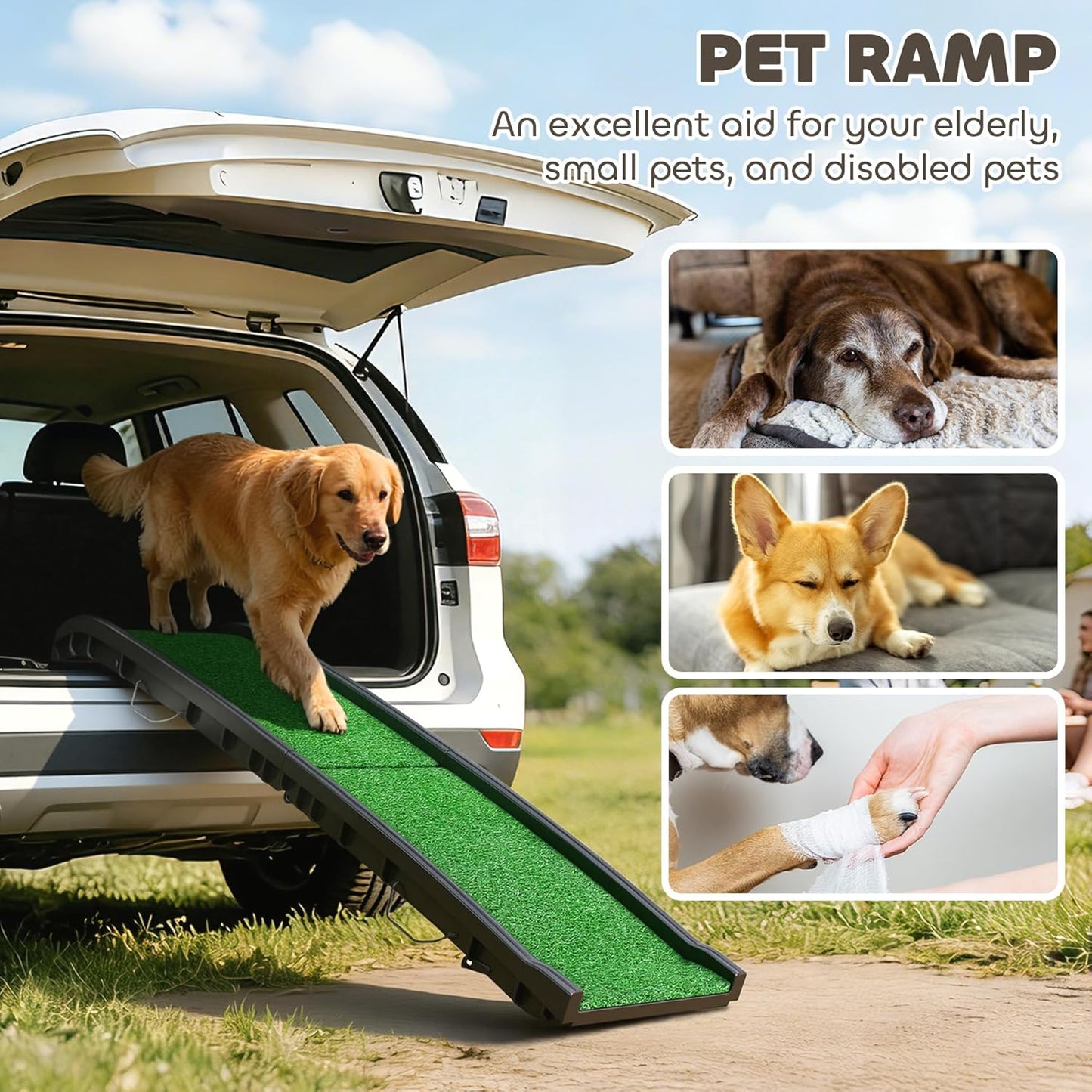 PawHut Folding Dog Ramp for Car, Truck, SUV, 61 Inches Portable Pet Ramp with Grass Surface, Non Slip with Raised Side Rails