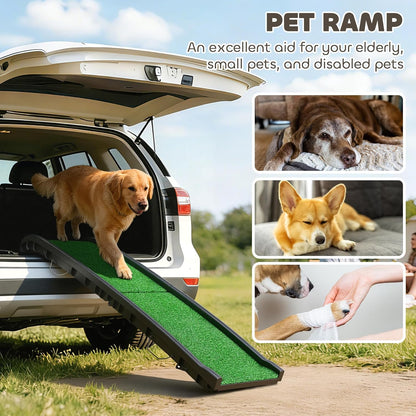 PawHut Folding Dog Ramp for Car, Truck, SUV, 61 Inches Portable Pet Ramp with Grass Surface, Non Slip with Raised Side Rails
