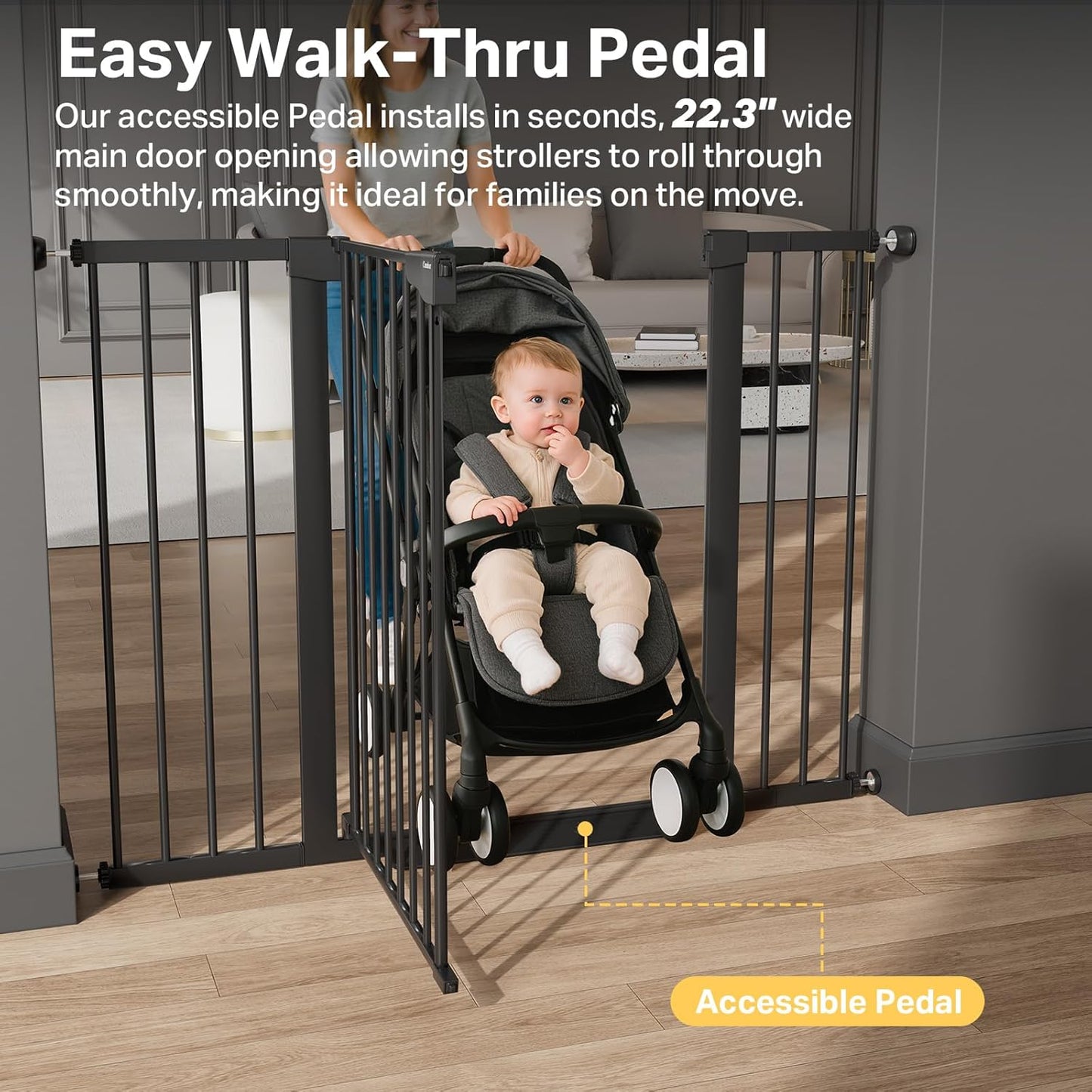 Cumbor 36.6-64" Extra Wide Baby Gate for Stairs, Dog Gates for Doorways, Auto-Close Pet Gate Indoor, Pressure Mounted Walk Through Safety Child Gate for Kids Toddler, Tall Pet Puppy Fence Gate, Brown