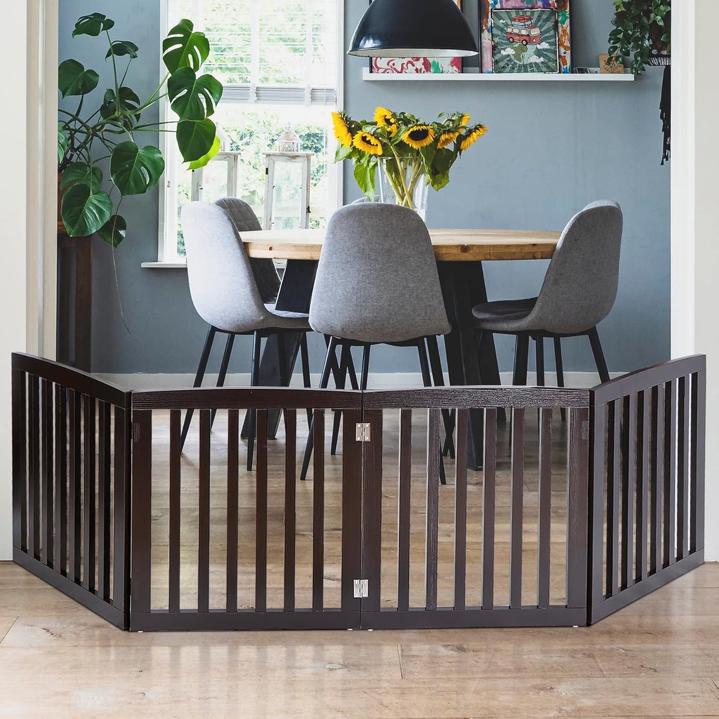 Freestanding Pet Dog Gate 36 Inch Foldable Fence Indoor 3 Panel Extra Wide Wooden Dog Door for Stairs Hallways Doorways