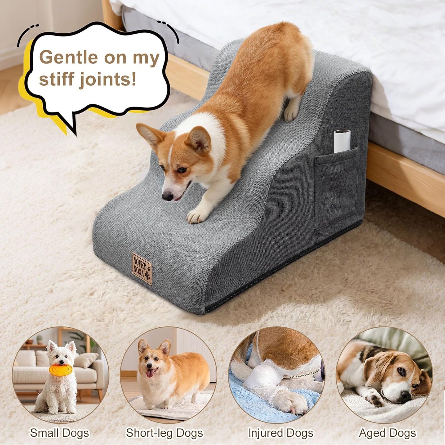 4-Step Dog Stairs for Small Dogs & Cats, 13.8" H Non-Slip Pet Steps with Side Storage Pocket, Sturdy High Density Foam Dog Ramp for Sofa, Couch & Chair, Washable Cover, Grey