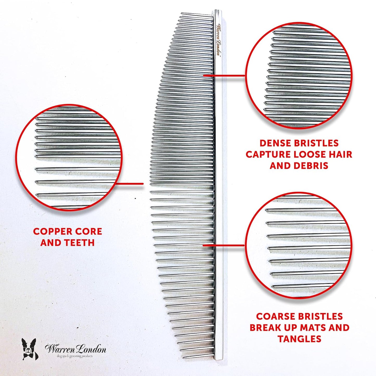 Warren London Detangling Strong Comb for Dogs | 10 inches | Comfort Control Durability and Detail for Small Medium Large Dogs | Ergonomic Dog Cat Grooming Pet Supplies Deshedding Mat Tool